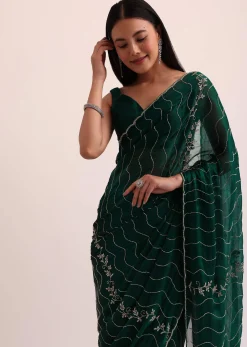 Bottle Green Chinon Saree With Cut Dana Embroidery And Unstitched Blouse