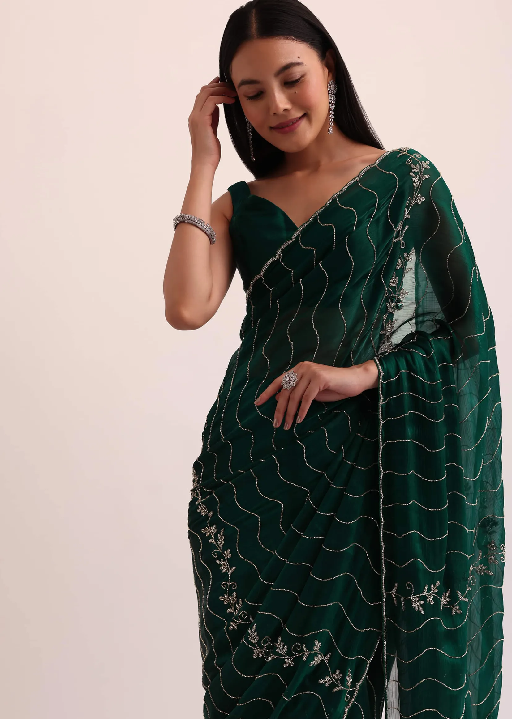 Bottle Green Chinon Saree With Cut Dana Embroidery And Unstitched Blouse