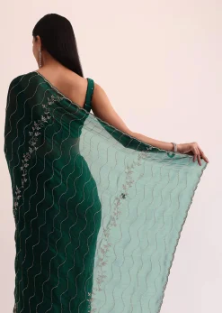 Bottle Green Chinon Saree With Cut Dana Embroidery And Unstitched Blouse