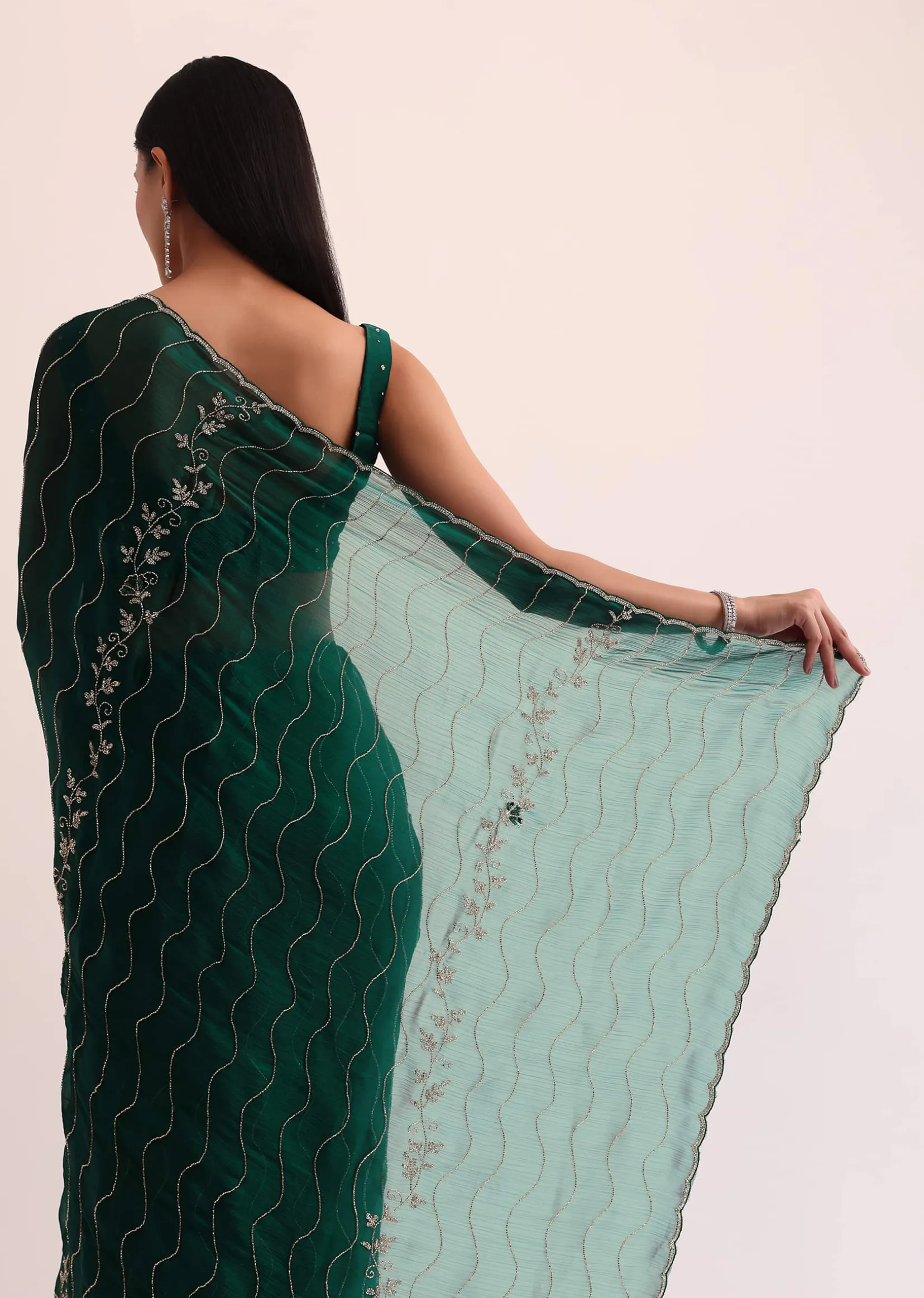 Bottle Green Chinon Saree With Cut Dana Embroidery And Unstitched Blouse