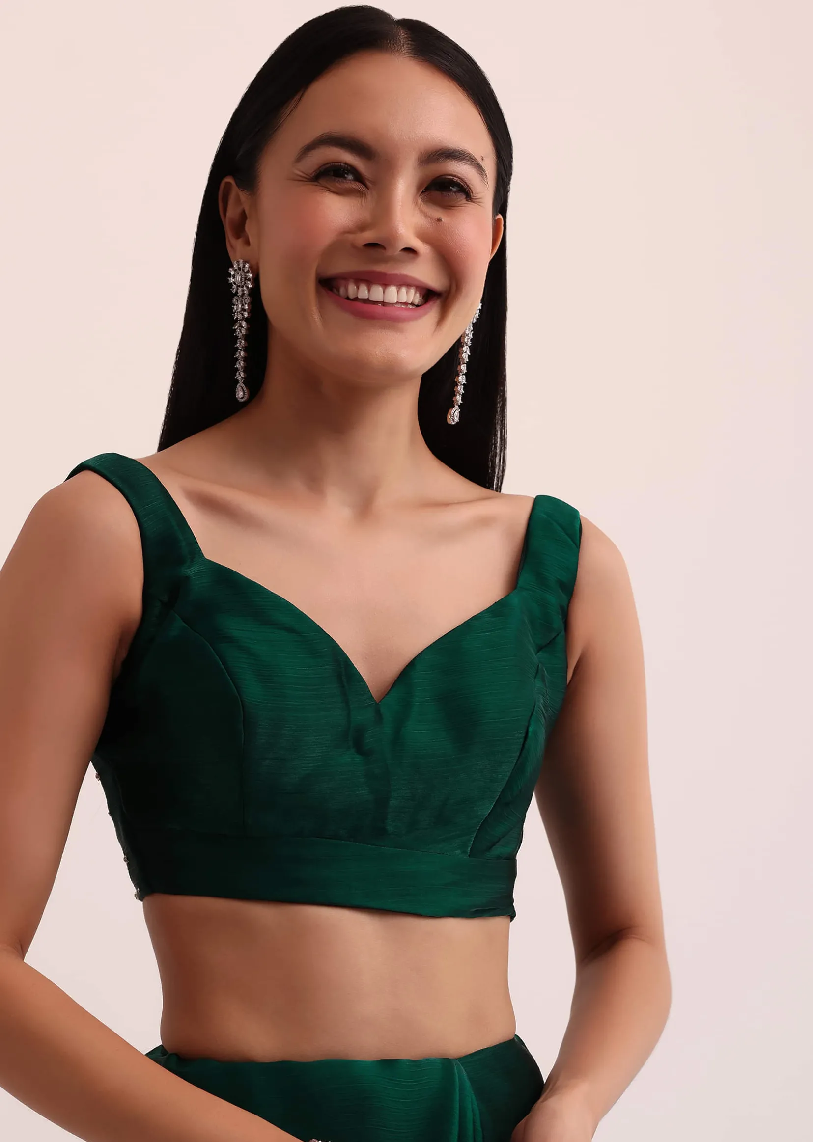 Bottle Green Chinon Saree With Cut Dana Embroidery And Unstitched Blouse