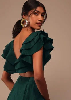 Bottle Green Crepe Pre Drape Saree With Fancy Blouse And Embroidered Belt