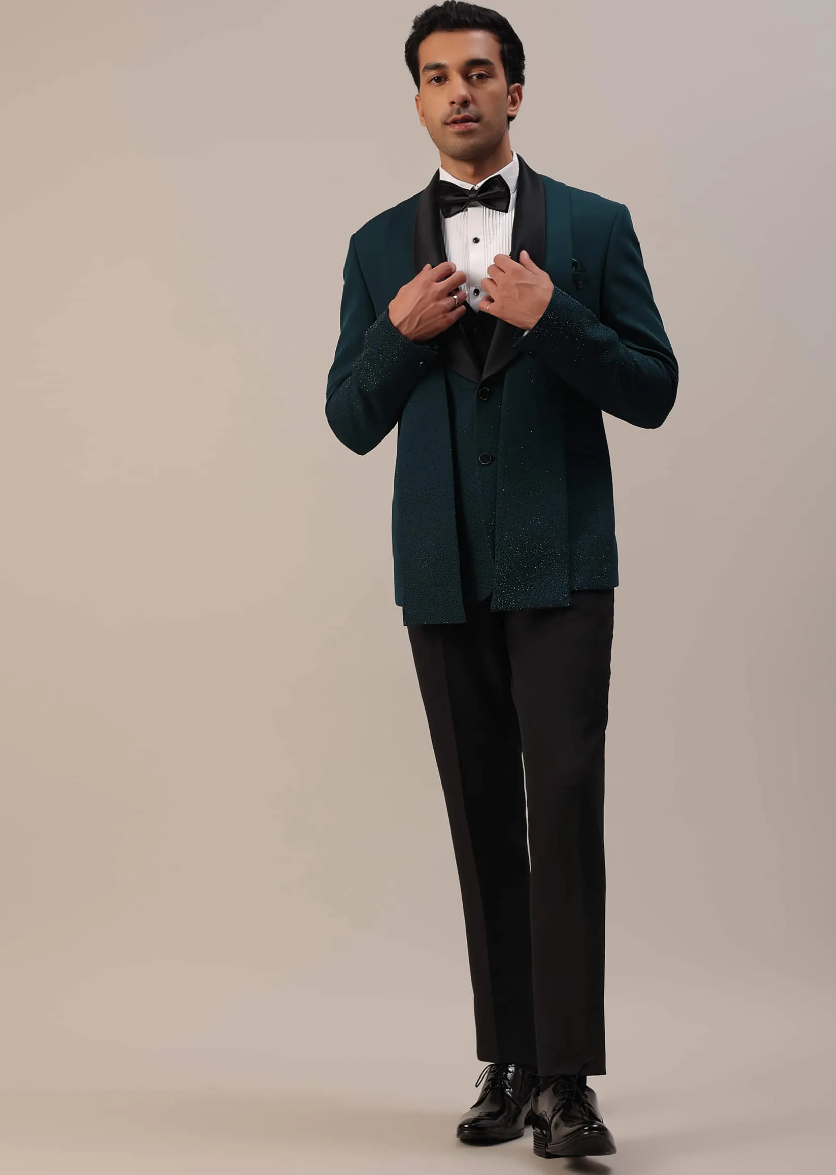 Bottle Green Crystal Studded Tuxedo Set In Polyester