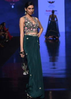 Bottle Green Dhoti Skirt And Choli With Multi Colored Hand Embroidery In Floral Motifs