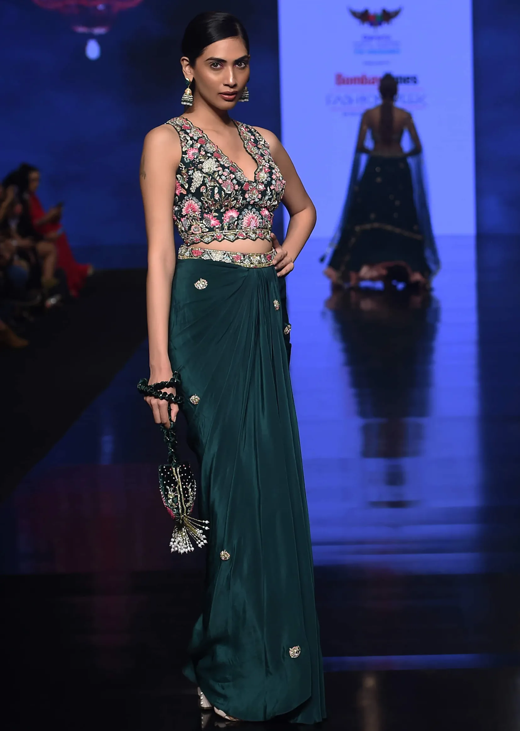 Bottle Green Dhoti Skirt And Choli With Multi Colored Hand Embroidery In Floral Motifs
