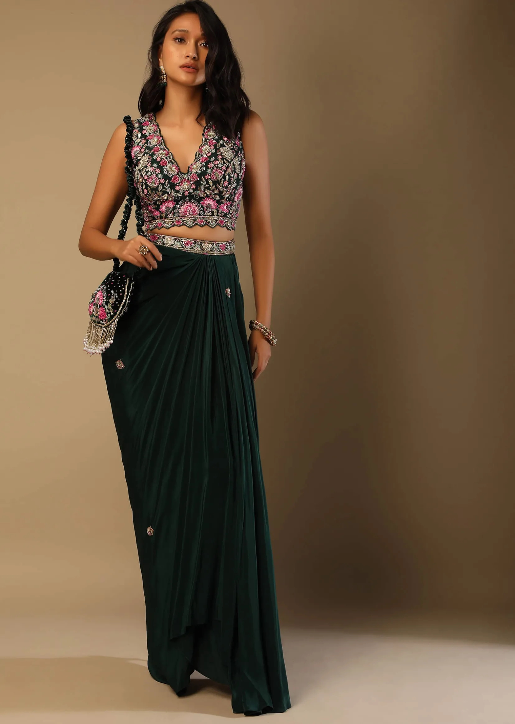 Bottle Green Dhoti Skirt And Choli With Multi Colored Hand Embroidery In Floral Motifs