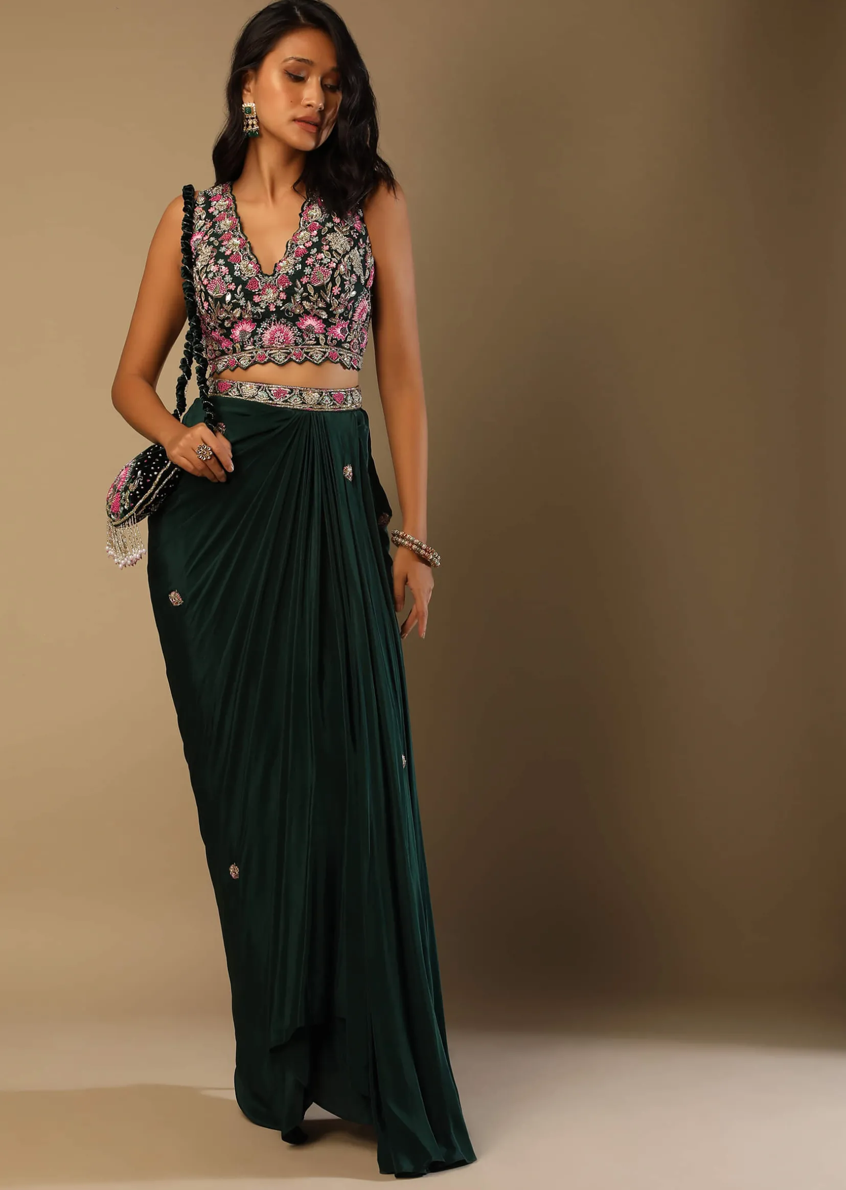 Bottle Green Dhoti Skirt And Choli With Multi Colored Hand Embroidery In Floral Motifs