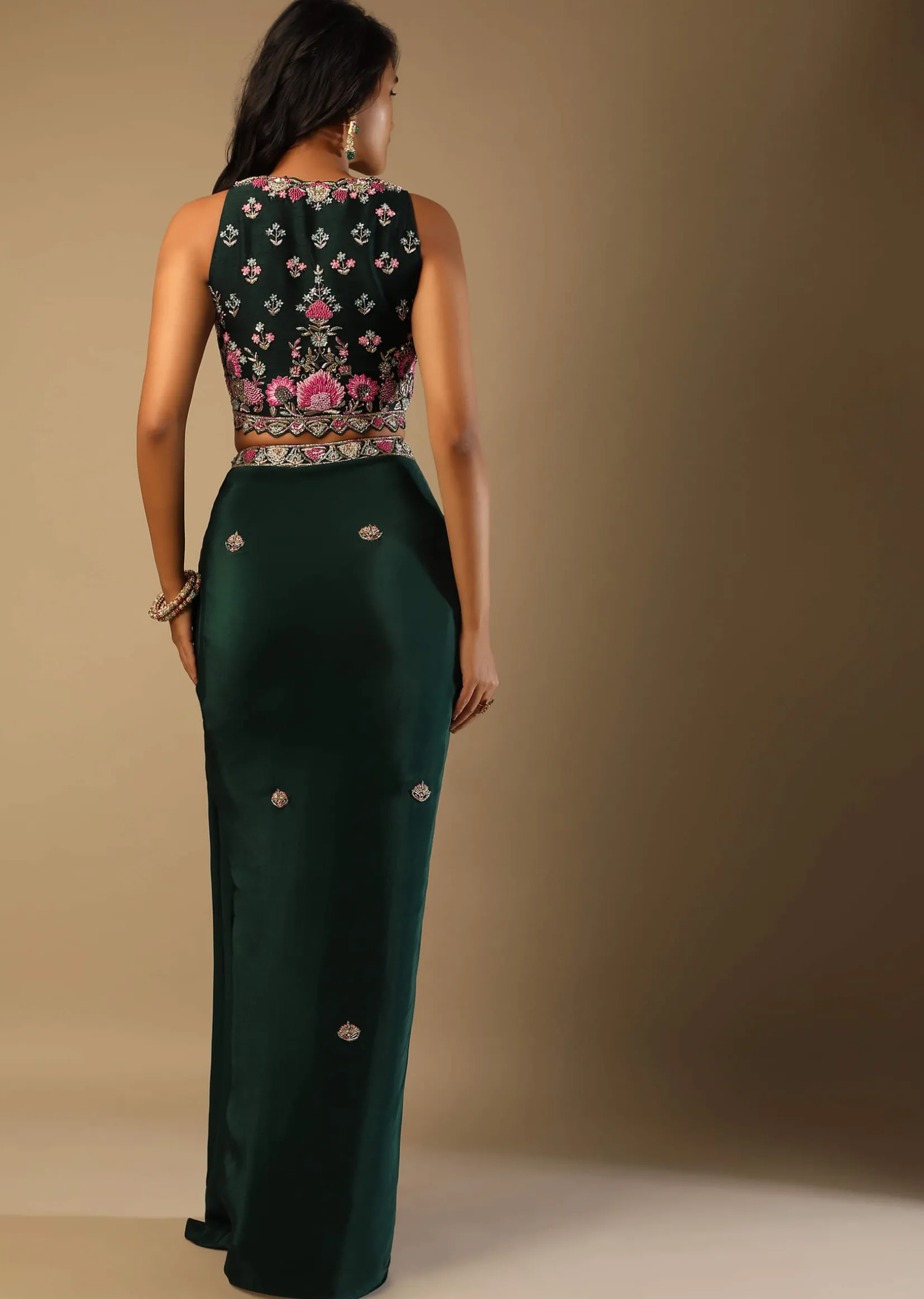 Bottle Green Dhoti Skirt And Choli With Multi Colored Hand Embroidery In Floral Motifs