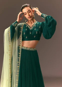 Bottle Green Embellished Ruched Lehenga Set