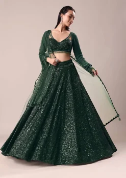 Bottle Green Embroidered Lehenga And Blouse With Dupatta