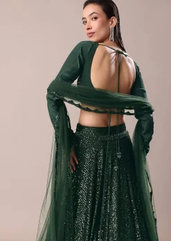 Bottle Green Embroidered Lehenga And Blouse With Dupatta