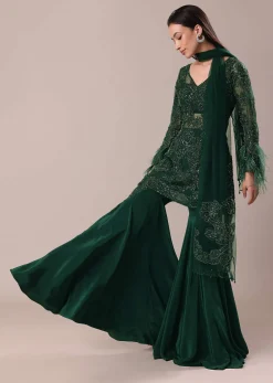 Bottle Green Fancy Sequins Palazzo Suit