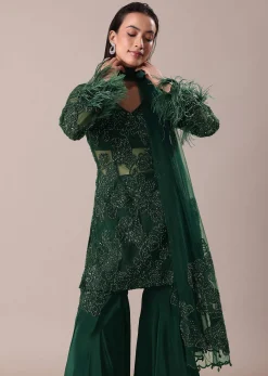 Bottle Green Fancy Sequins Palazzo Suit