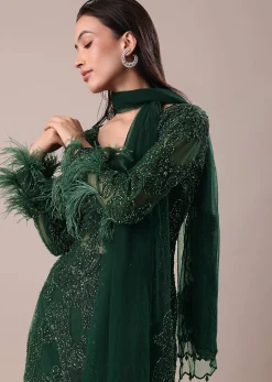 Bottle Green Fancy Sequins Palazzo Suit