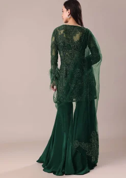 Bottle Green Fancy Sequins Palazzo Suit