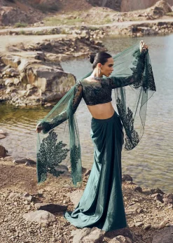 Bottle Green Feather Blouse With Draped Skirt And Dupatta