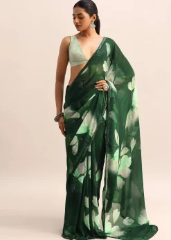 Bottle Green Floral Printed Georgette Saree With Sequin Border And Unstitched Blouse