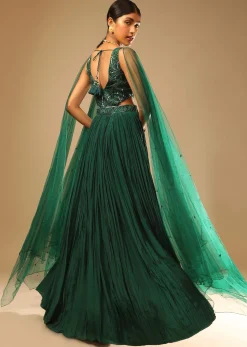 Bottle Green Gown In Crepe With Side Cut Outs In The Hand Embroidered Bodice