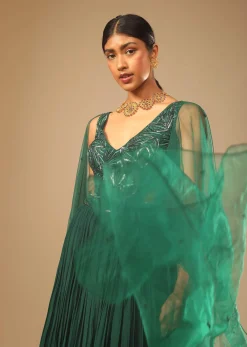 Bottle Green Gown In Crepe With Side Cut Outs In The Hand Embroidered Bodice