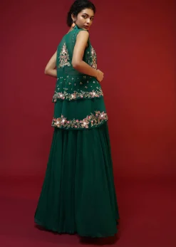 Bottle Green Lehenga Choli And Sleeveless Peplum Jacket Adorned With Colorful Resham And Moti Embroidered Flowers