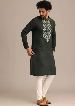 Bottle Green Linen Kurta And Pant Set With Floral Resham