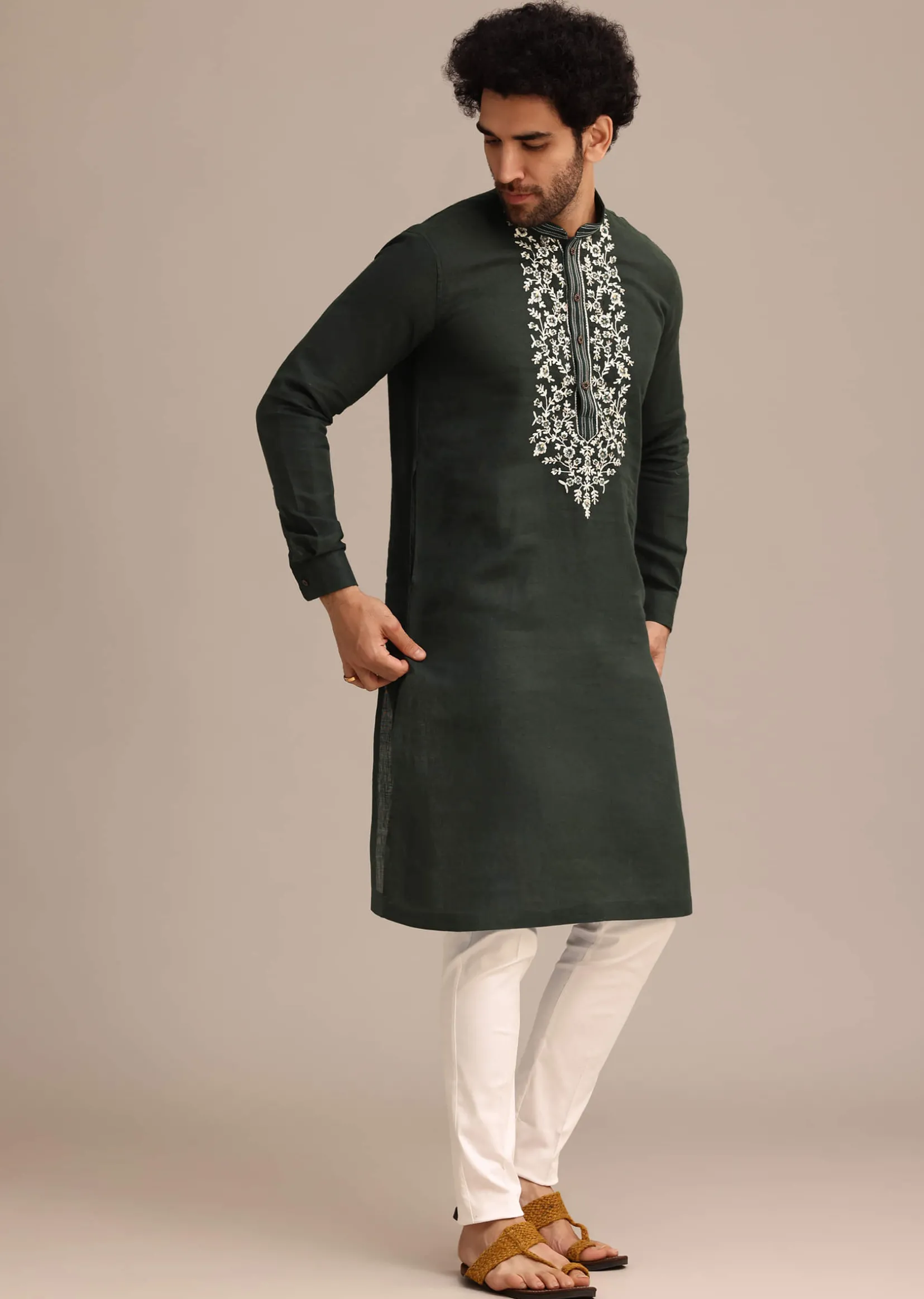 Bottle Green Linen Kurta And Pant Set With Floral Resham