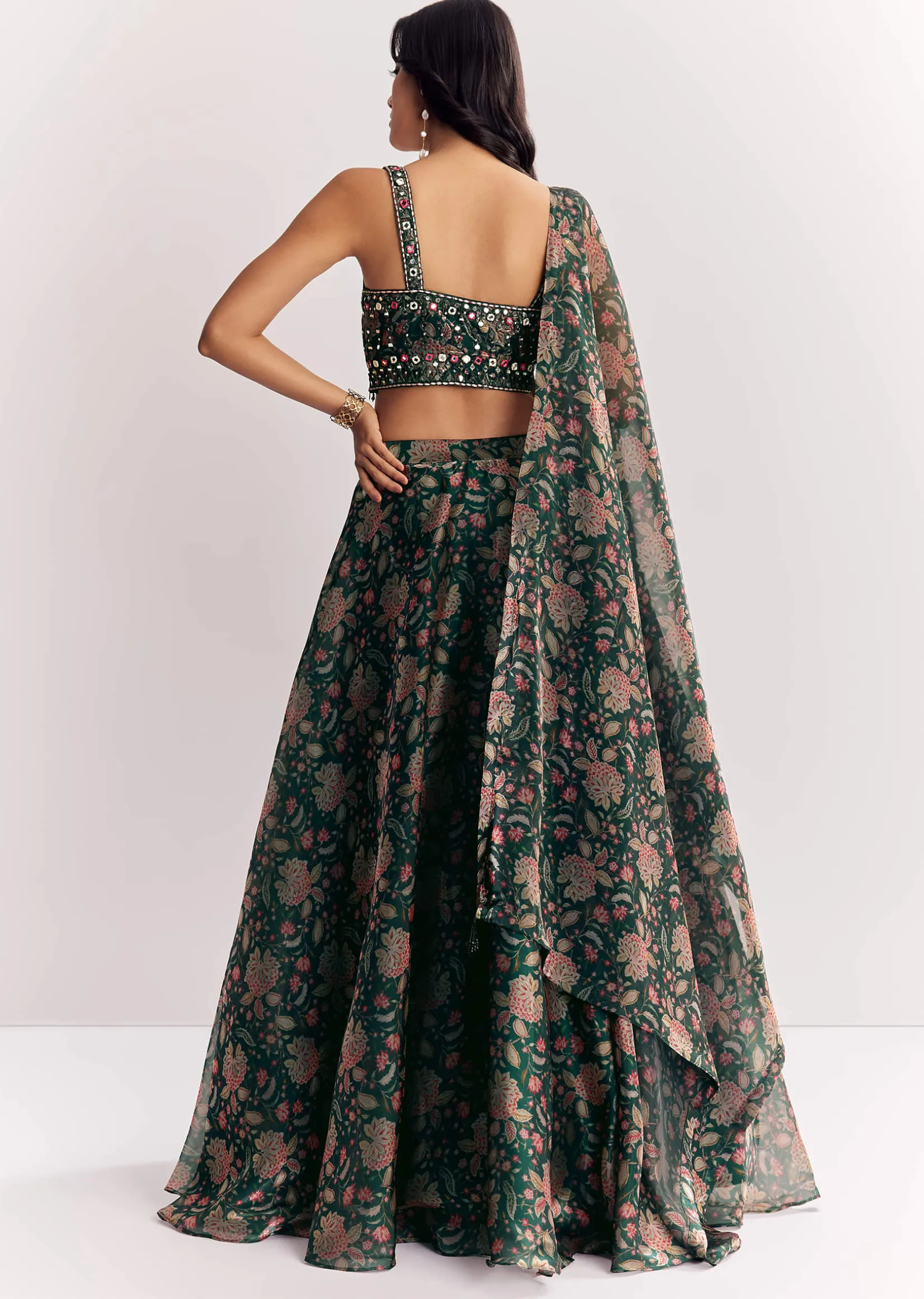 Bottle Green Mirror Work Lehenga Choli Set In Organza Tissue