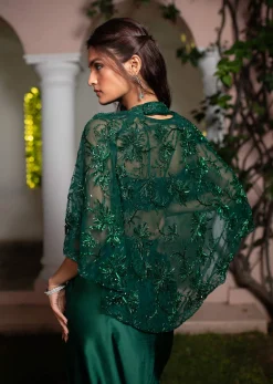 Bottle Green Net Hand Work Fusion Draped Skirt Set