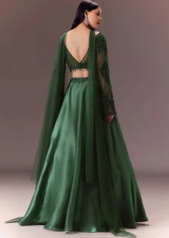 Bottle Green Organza Lehenga Set With Hand Work