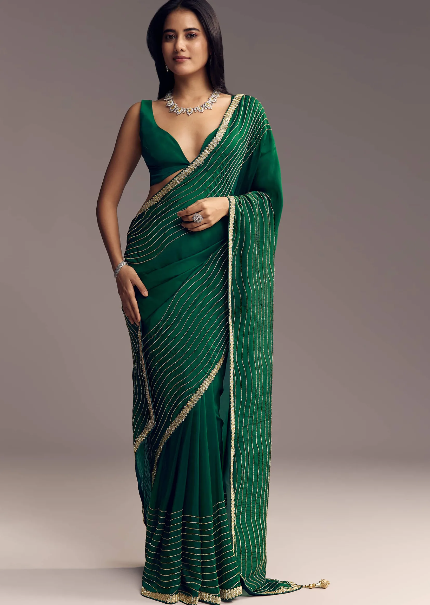 Bottle Green Organza Saree With Scalloped Cut Dana Detailing