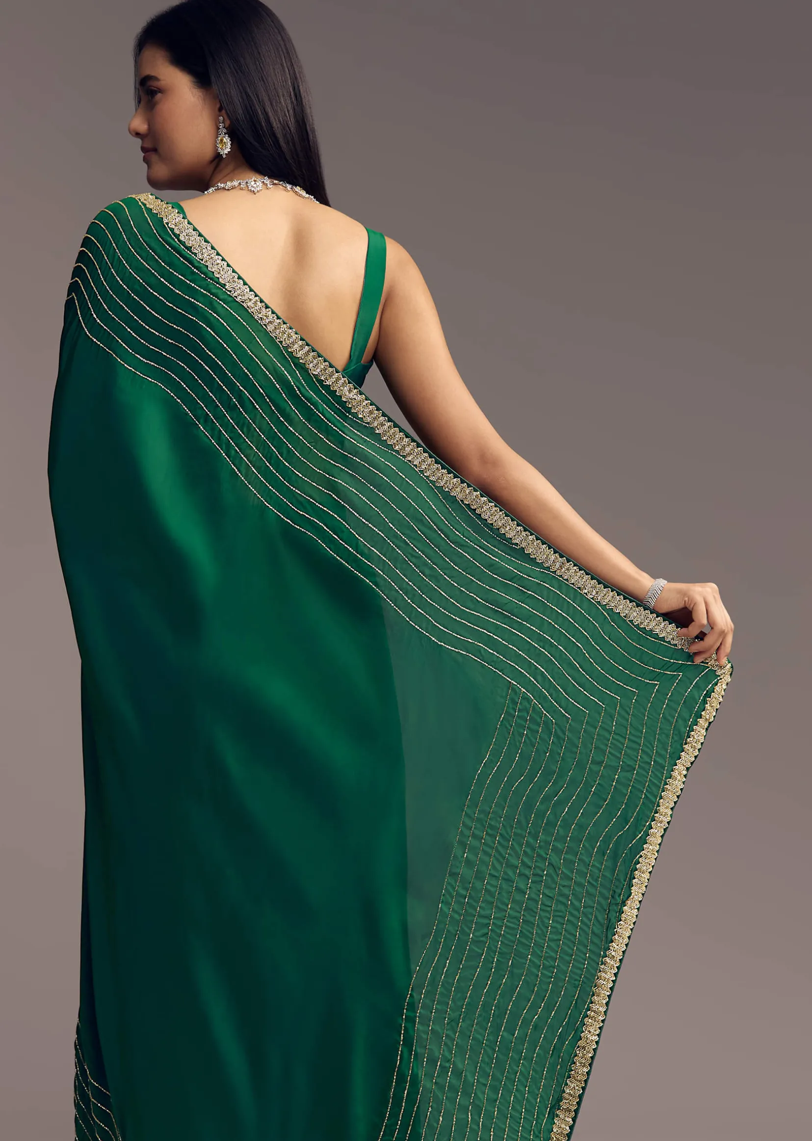 Bottle Green Organza Saree With Scalloped Cut Dana Detailing