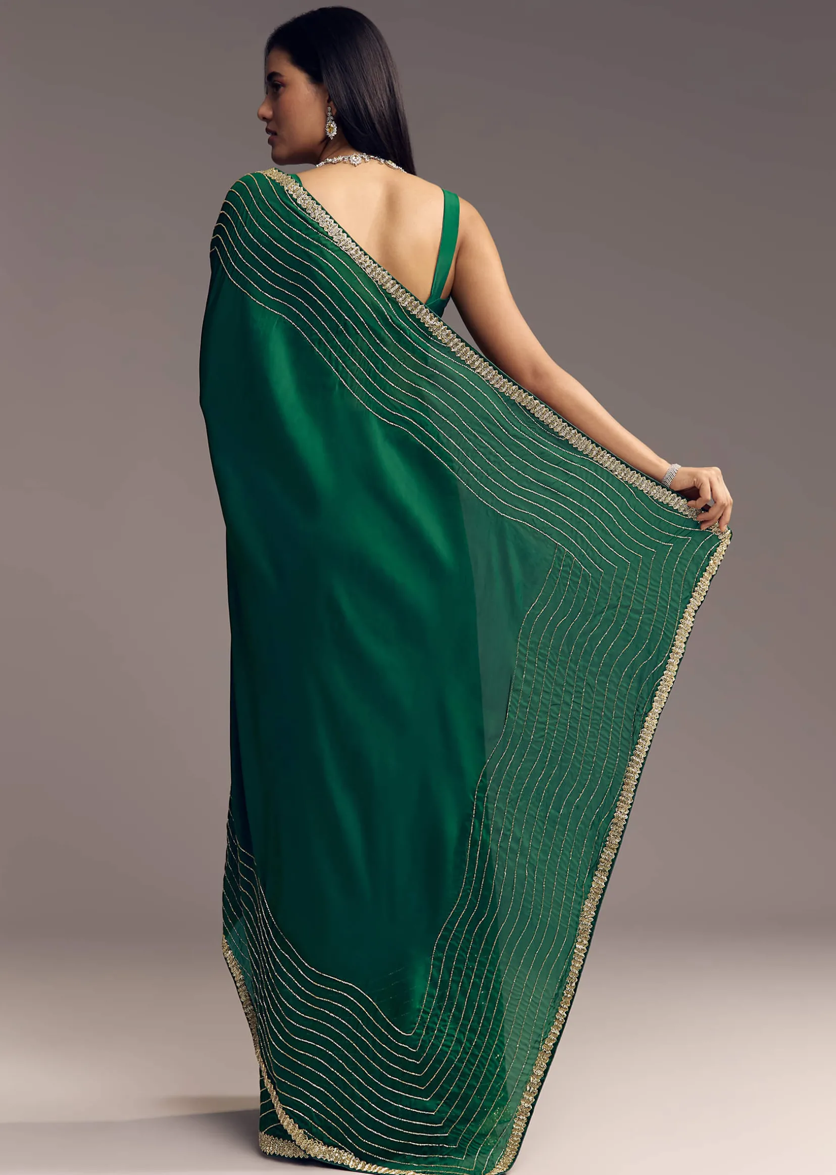 Bottle Green Organza Saree With Scalloped Cut Dana Detailing