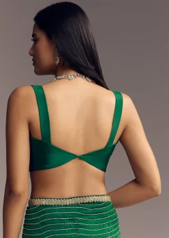 Bottle Green Organza Saree With Scalloped Cut Dana Detailing