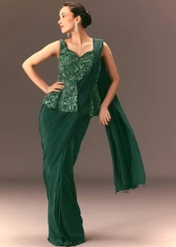 Bottle Green Raw Silk Pre Stitched Saree With Peplum Blouse