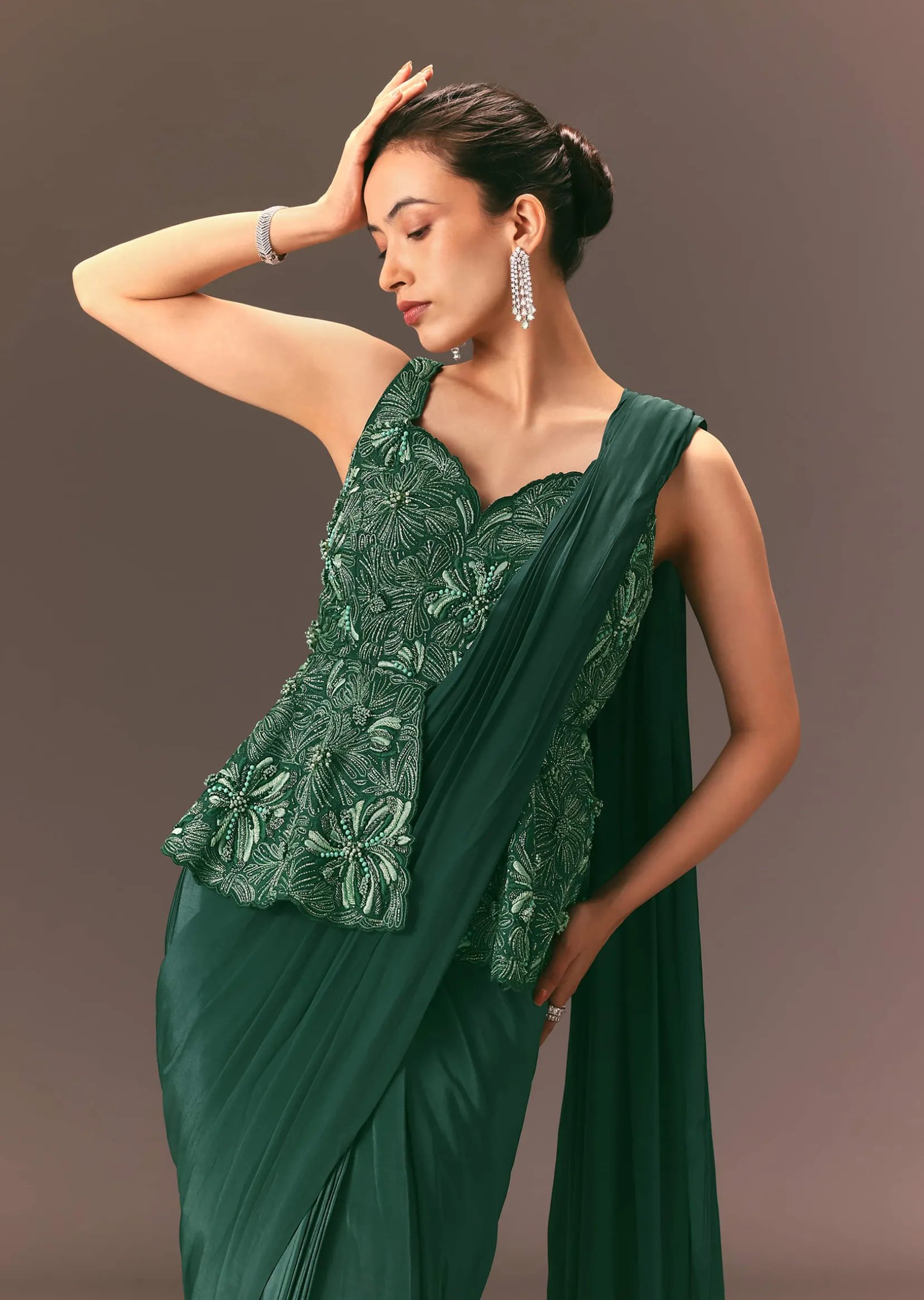 Bottle Green Raw Silk Pre Stitched Saree With Peplum Blouse