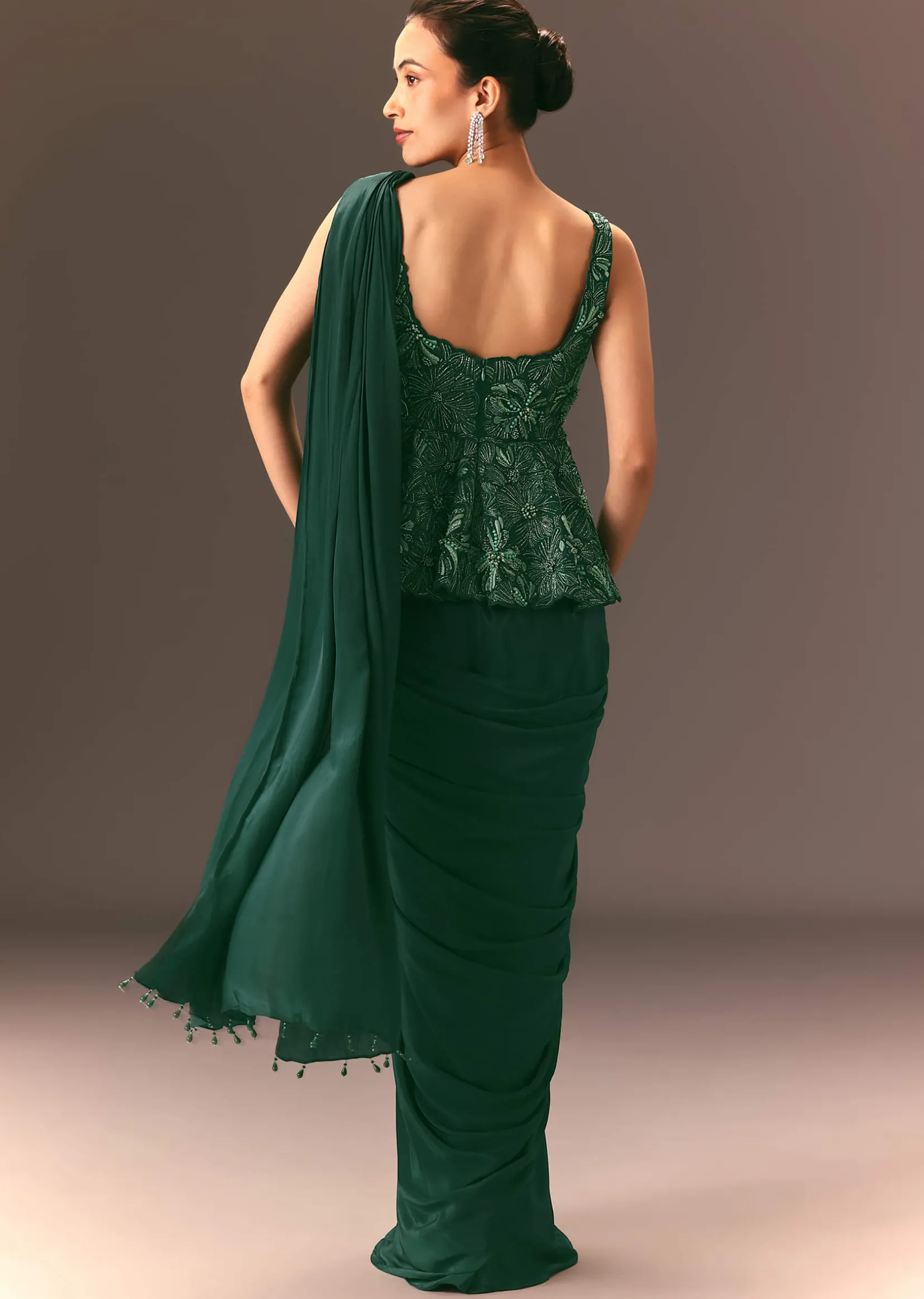 Bottle Green Raw Silk Pre Stitched Saree With Peplum Blouse