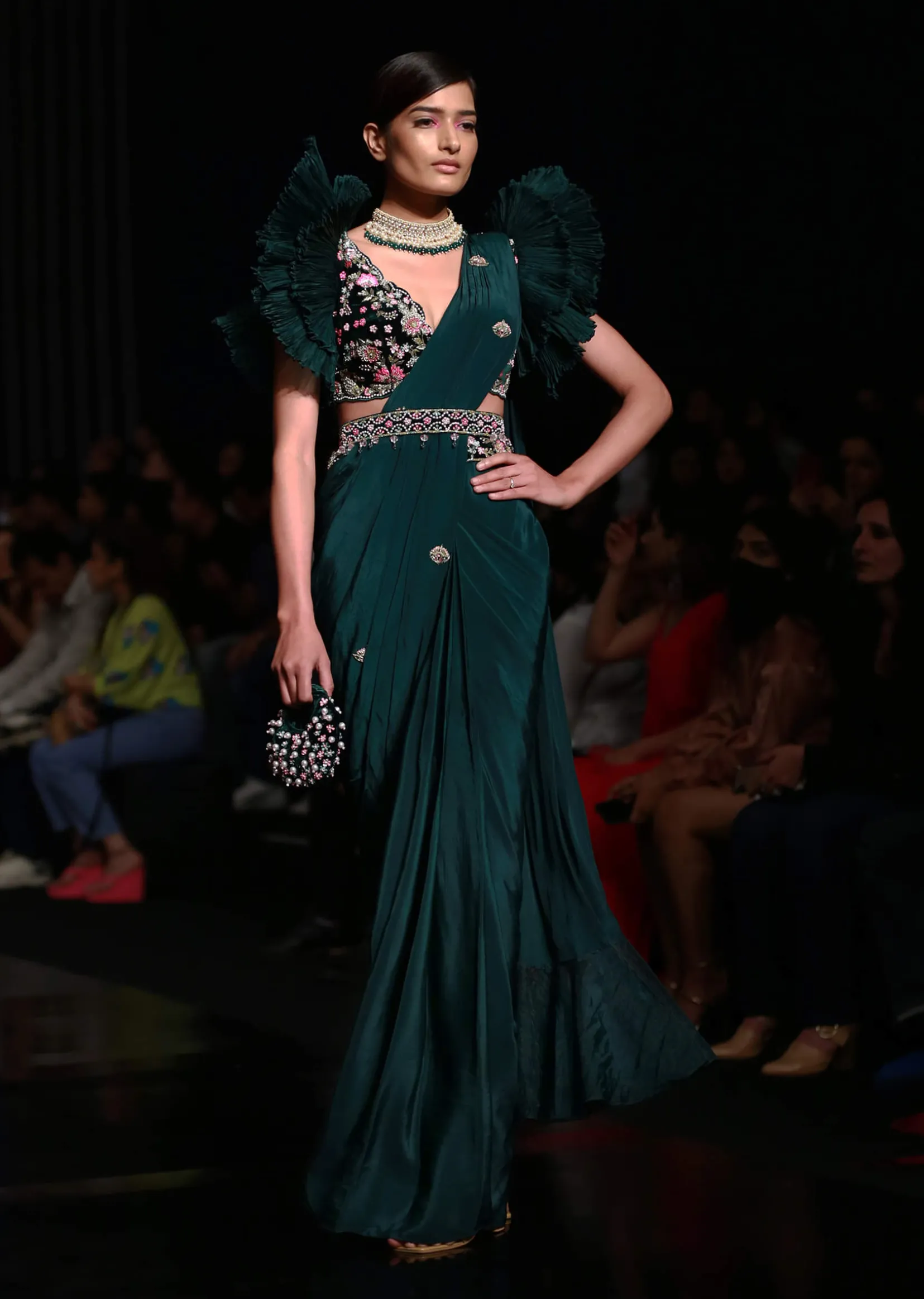 Bottle Green Readymade Saree With A Colorful Hand Embroidered Blouse With Fancy Layered Frill Sleeves