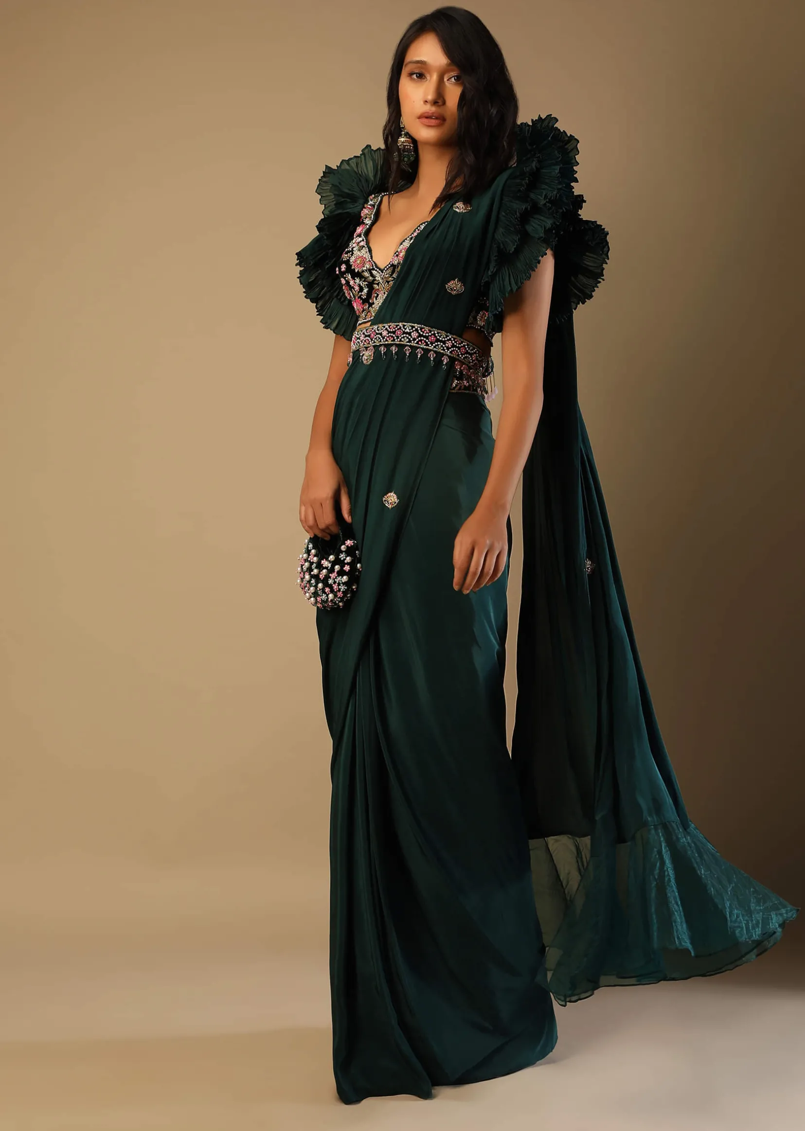 Bottle Green Readymade Saree With A Colorful Hand Embroidered Blouse With Fancy Layered Frill Sleeves