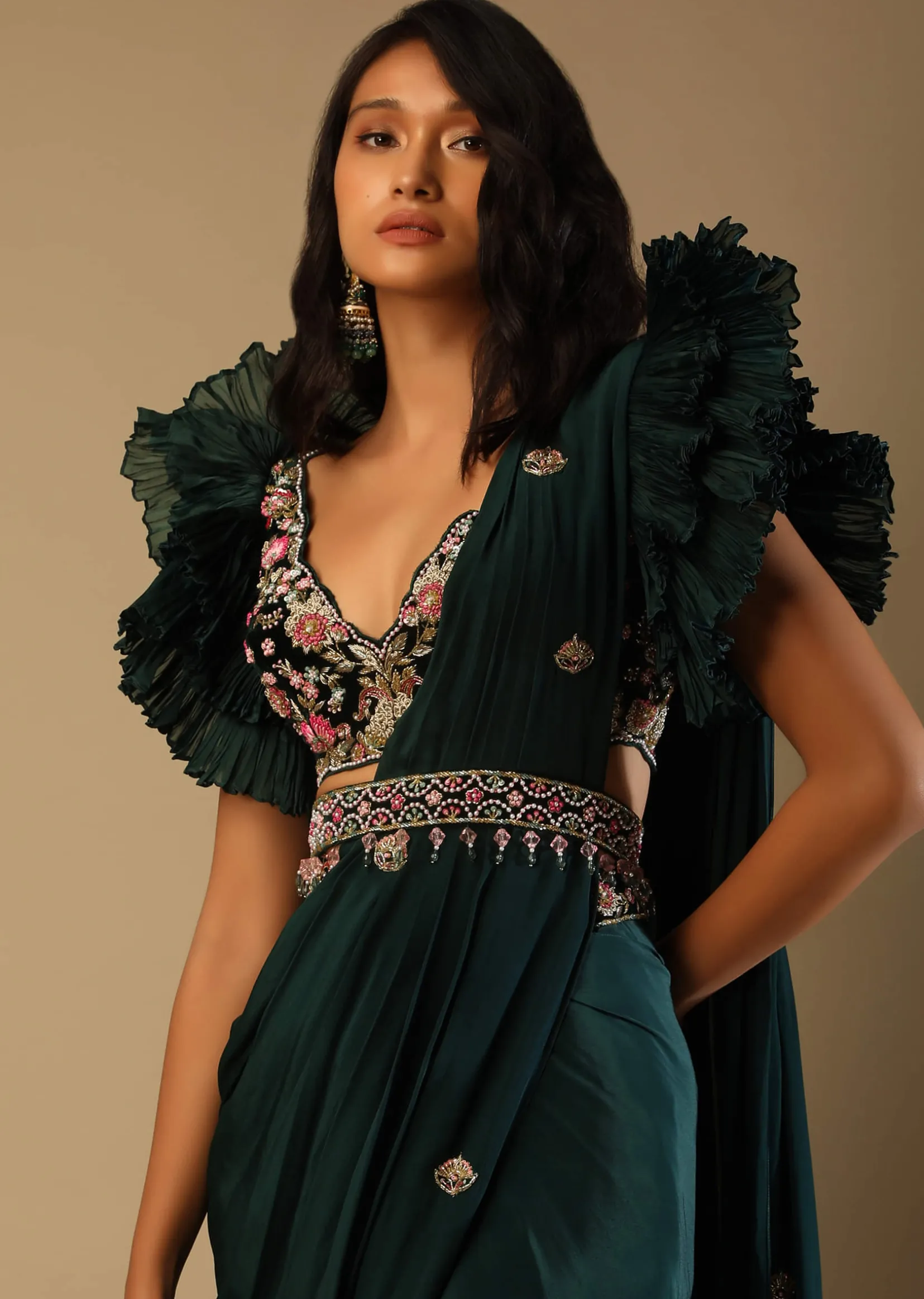 Bottle Green Readymade Saree With A Colorful Hand Embroidered Blouse With Fancy Layered Frill Sleeves
