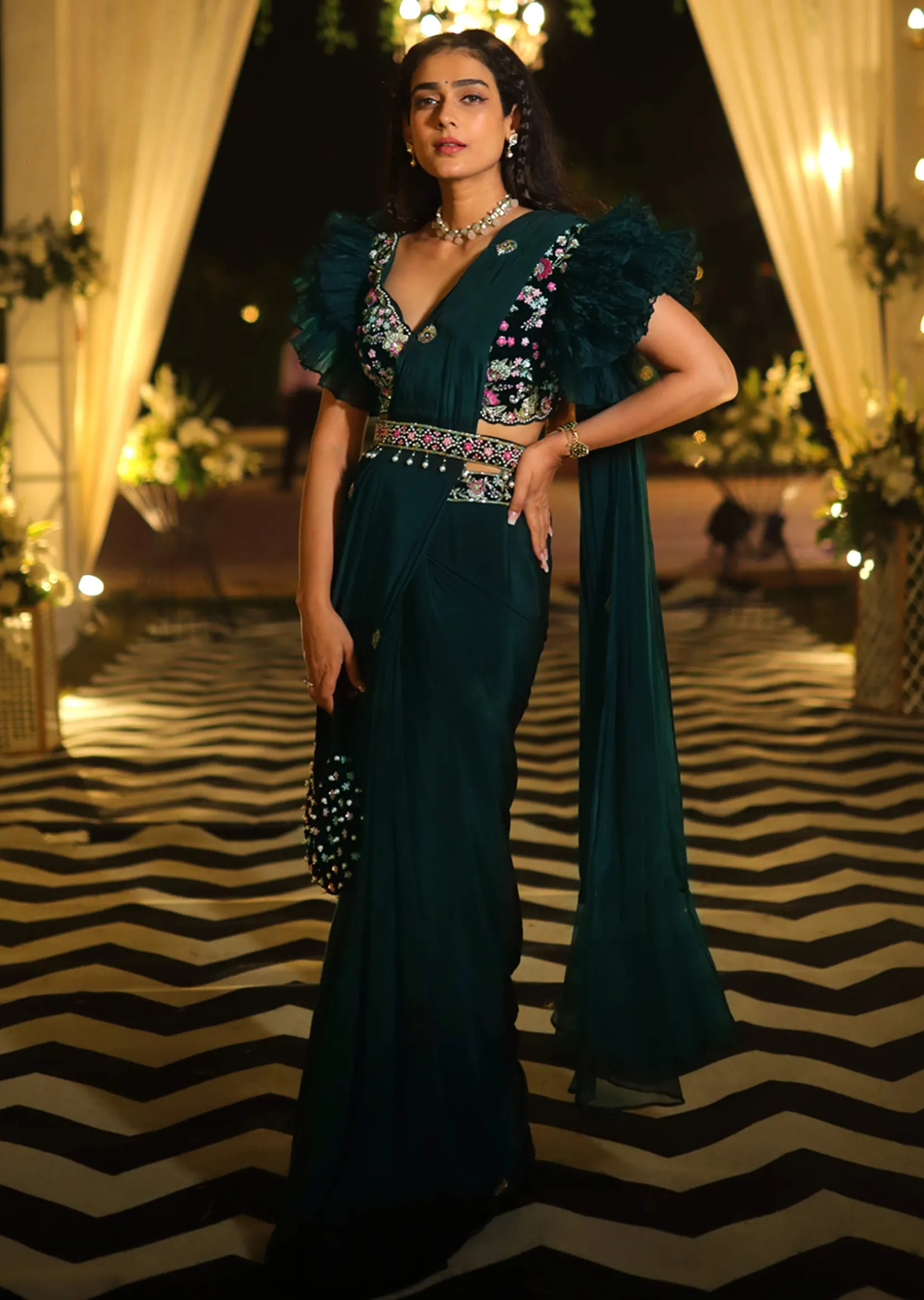 Bottle Green Readymade Saree With A Colorful Hand Embroidered Blouse With Fancy Layered Frill Sleeves