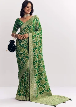 Bottle Green Shaded Dola Silk Saree With Zari Jaal Work