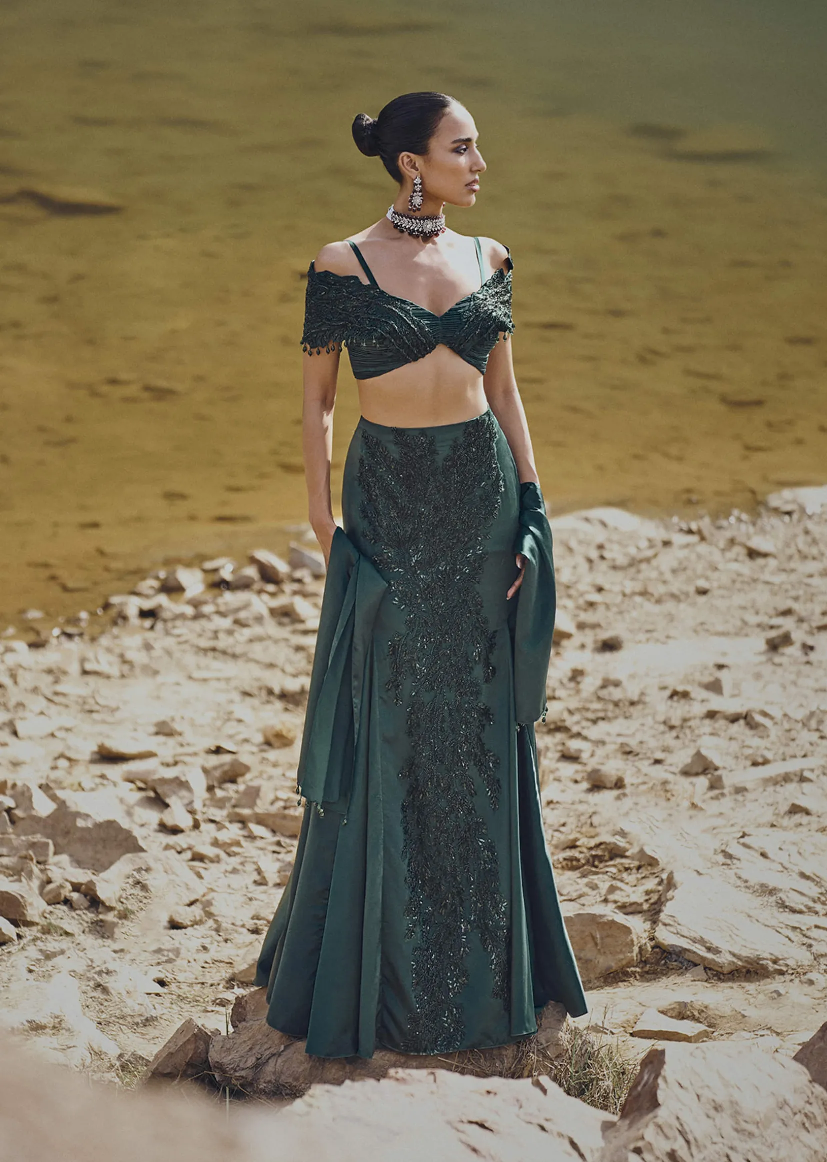 Bottle Green Shoulder Sleeve Blouse With Skirt And Dupatta