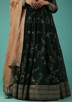 Bottle Green Silk Anarkali Suit With Zari And Sequins Work Along With Embroidered Floral Jaal