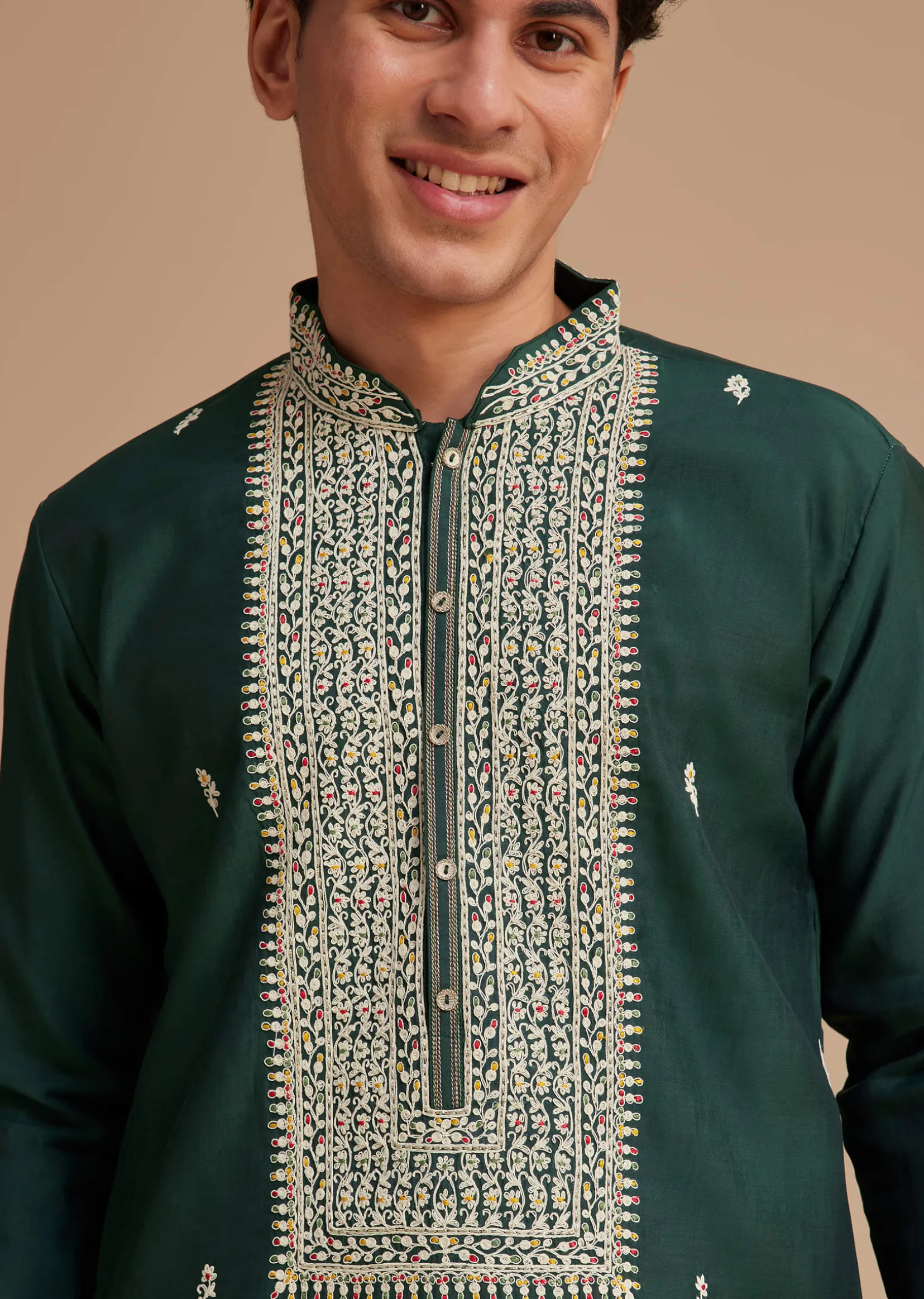 Bottle Green Silk Embroidered Kurta