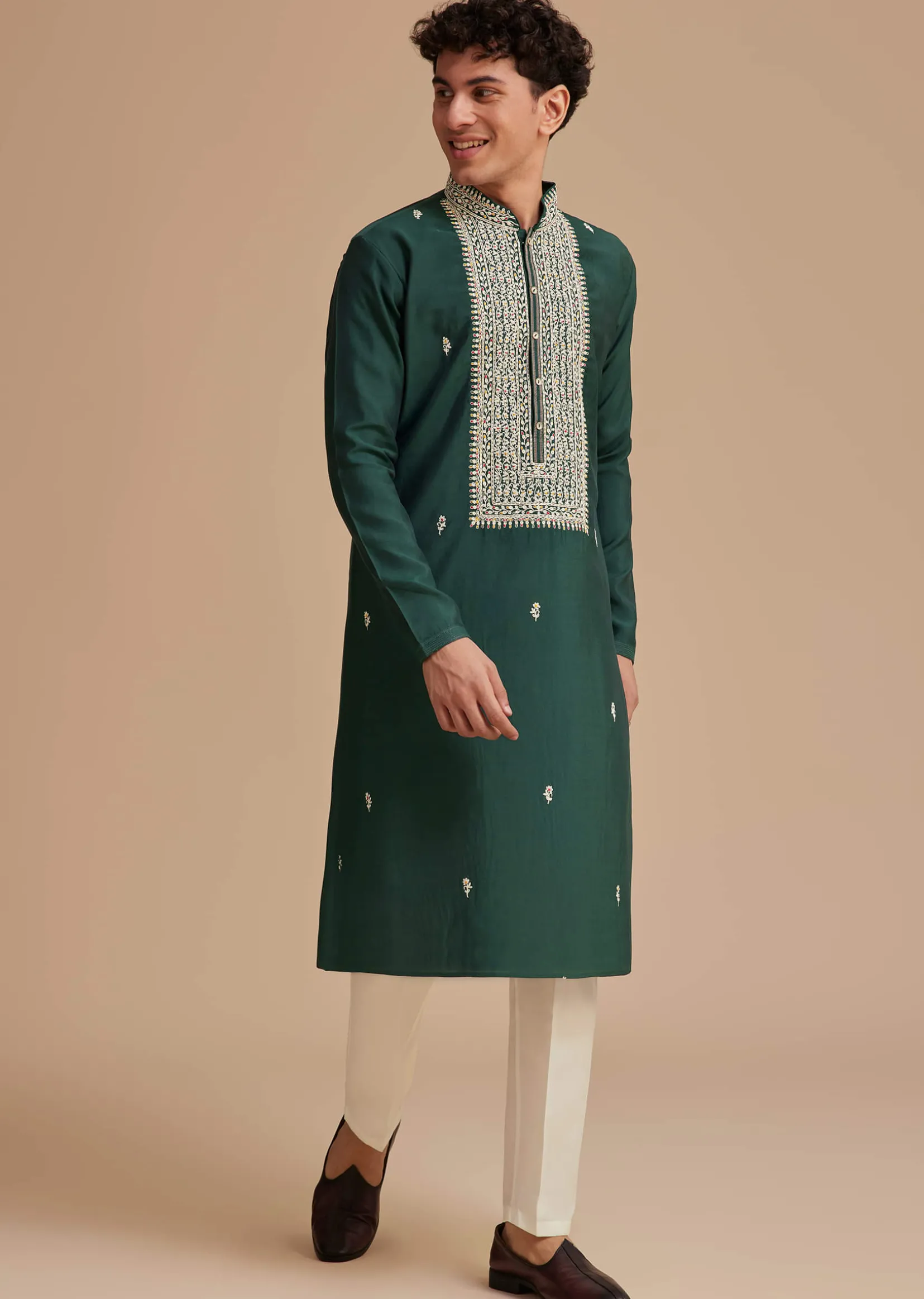 Bottle Green Silk Embroidered Kurta