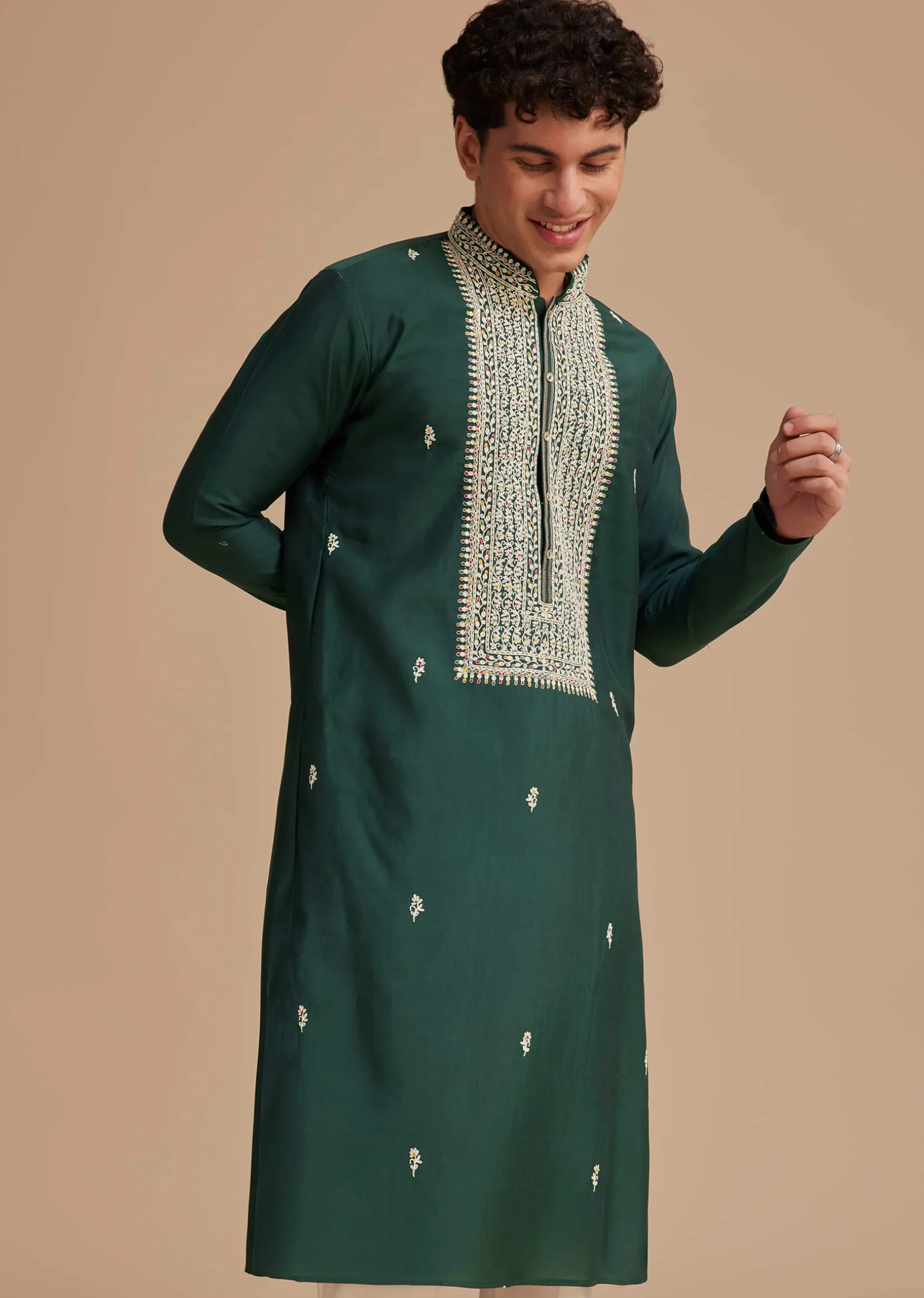 Bottle Green Silk Embroidered Kurta