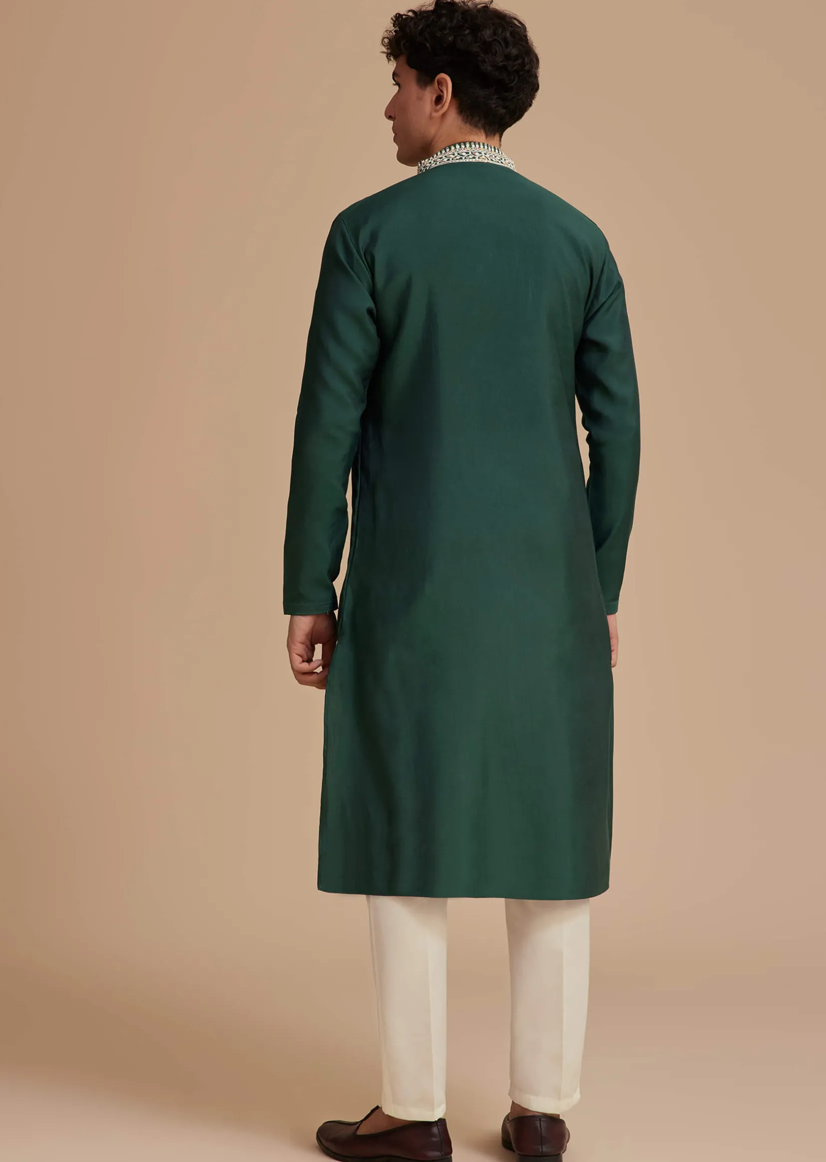Bottle Green Silk Embroidered Kurta