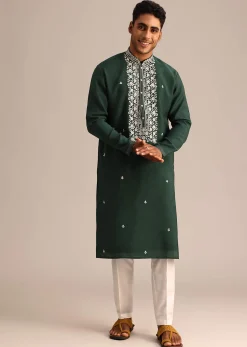 Bottle Green Silk Kurta And Pant Set With Hand Embroidered Yoke