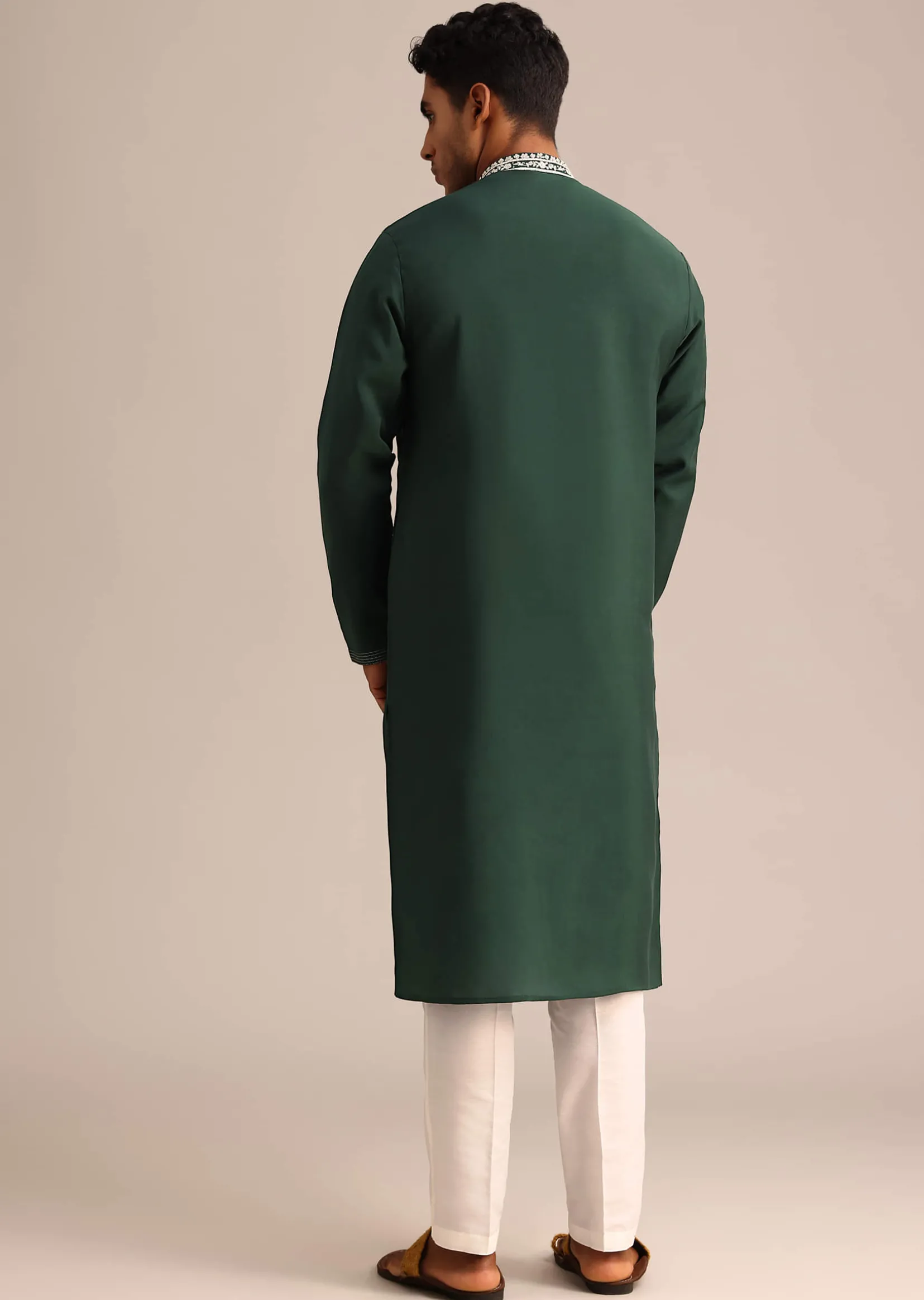 Bottle Green Silk Kurta And Pant Set With Hand Embroidered Yoke