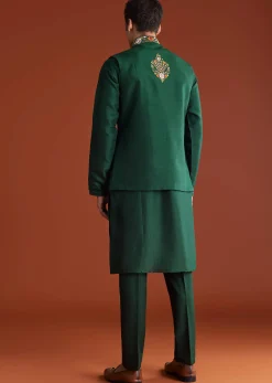 Bottle Green Silk Kurta Jacket Set With Multi Thread And Mirror Work